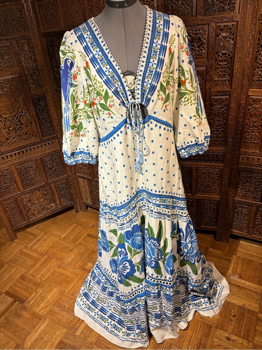 FARM Rio White Maxi Dress with Blue Floral and Parrot Motif